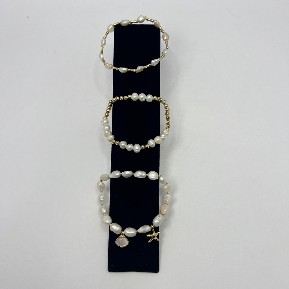 3 Faux Pearl Bracelets Set Stretch Gold Tone Plastic Coastal Shell Star Coquette